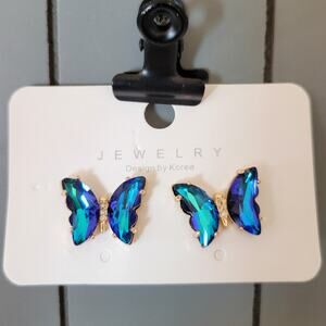 Blue Green Crystal Butterfly Stud Earrings Set of Korea Design, Gift Bag